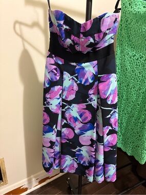 Strapless Floral Midi Dress in Purple & Black